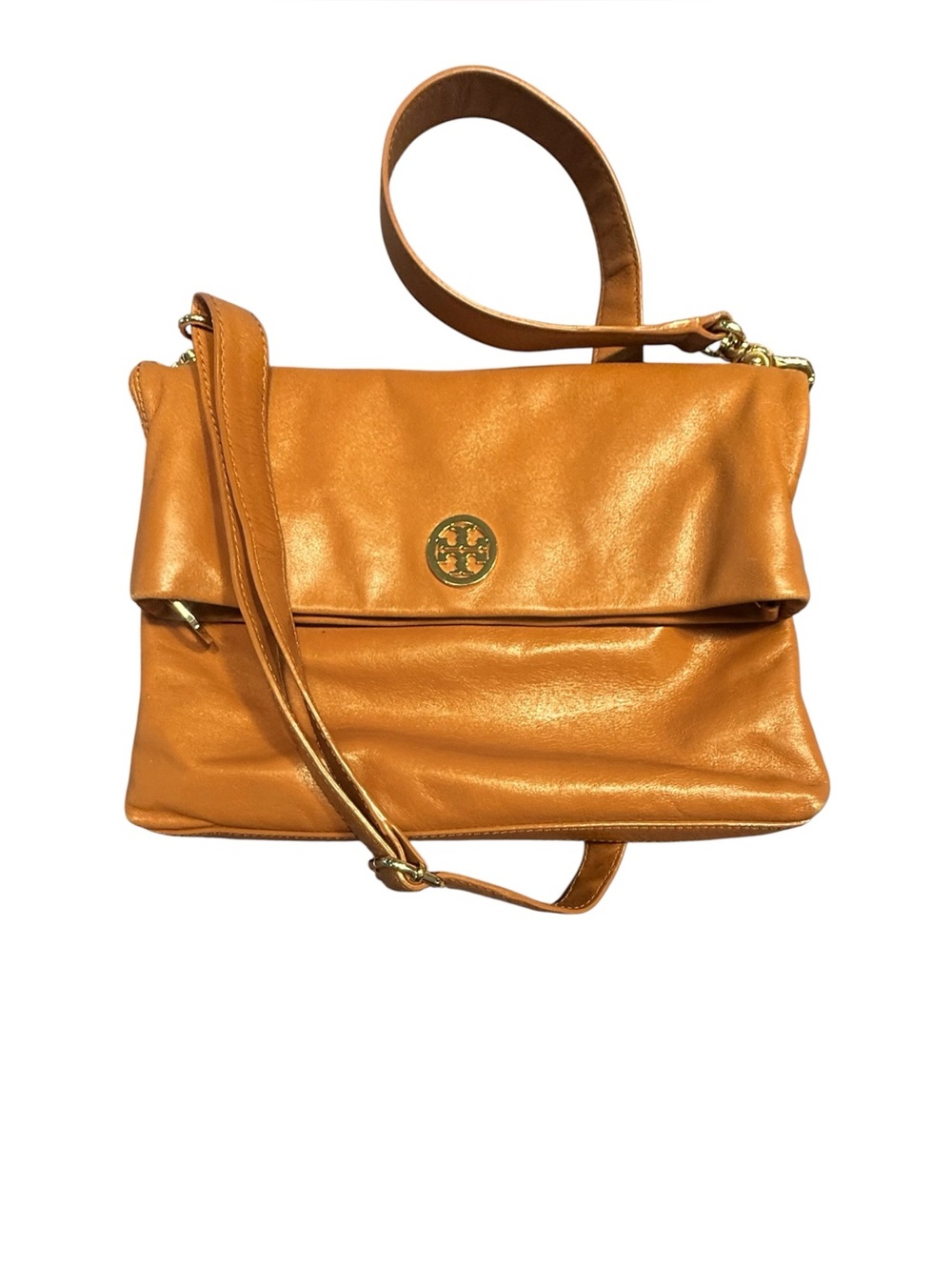 Tory Burch Dena Cognac Leather Fold-Over Crossbody Bag Gold Hardware MSRP $365